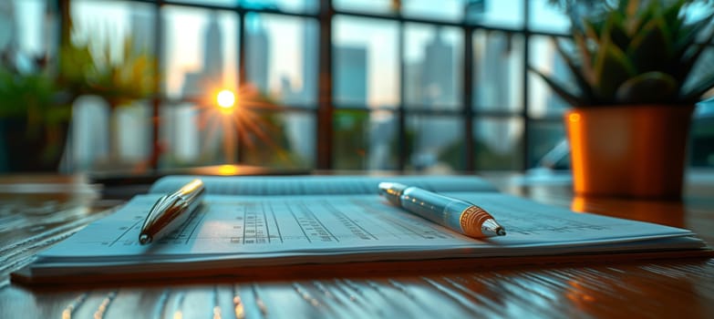 A pen and pencil lie on a piece of paper on a wooden table near a pool. The table is crafted from beautiful wood, perfect for leisure or recreation