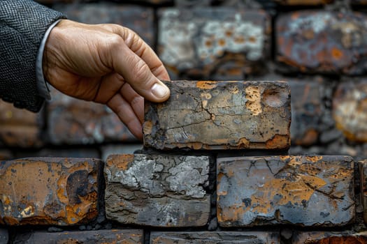 The person is making a gesture with their thumb as they carefully place a brick into the intricate brickwork of the stone wall using mortar, creating a masterpiece of art in building materials