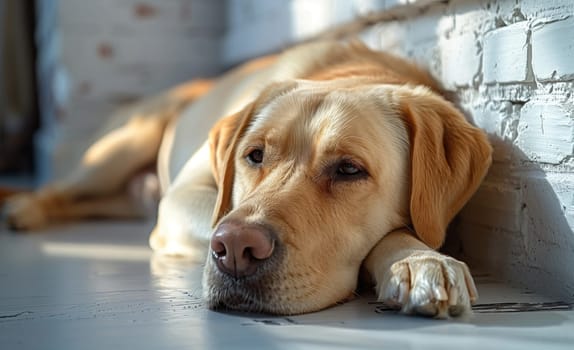 A carnivorous terrestrial animal, a fawn companion dog of a specific breed is laying on the wooden flooring, bored, leaning against a wall
