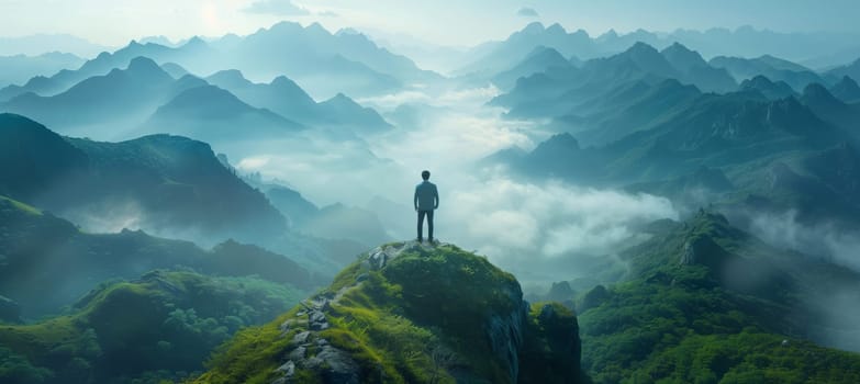 A man is standing on a mountain peak engulfed by clouds, with the sky and natural landscape creating a stunning backdrop of misty terrain