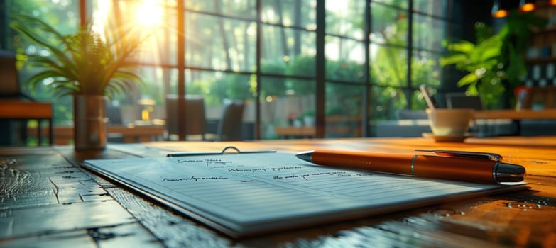 A pen rests on a sheet of paper atop a wooden table, surrounded by the natural elements of trees, grass, and water, creating a peaceful setting