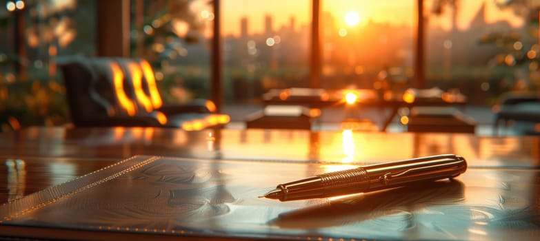 A pen is resting on a wooden table in a room with hardwood flooring, bathed in the warm light of the sunset streaming through the window