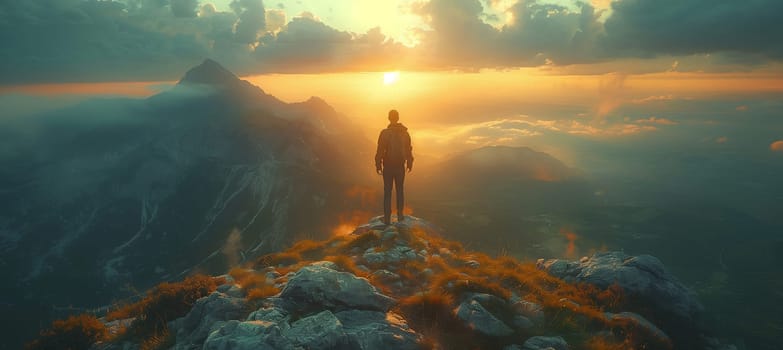 A man is standing on a mountain peak, surrounded by a breathtaking natural landscape with clouds in the sky, the sun setting over the horizon, and a tranquil atmosphere
