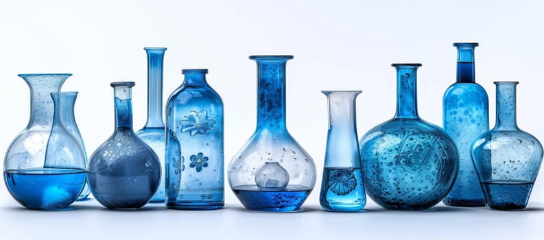 A stunning display of electric blue glass drinkware in the form of a row of blue vases filled with azure liquid, giving off a serene and enchanting vibe