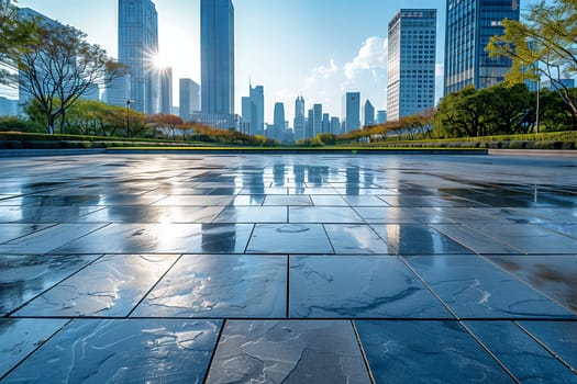The skyscrapers and tower blocks of the city skyline are mirrored in a puddle on the wet sidewalk, creating a stunning urban design reflection