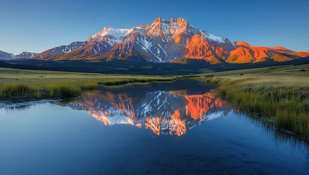 A majestic mountain is mirrored in the tranquil waters of a lake nestled in a vast field surrounded by lush greenery and under a clear blue sky