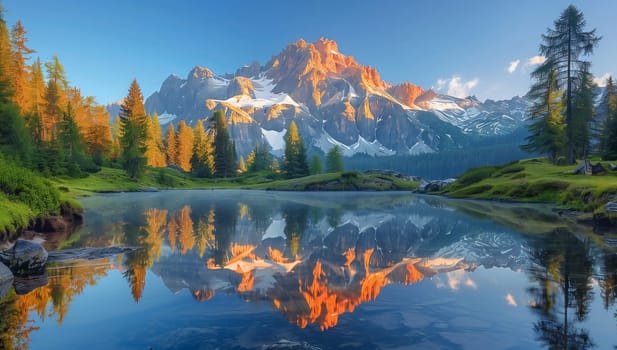 A mountain is mirrored in a tranquil lake nestled amidst lush trees, creating a stunning natural landscape in the highlands