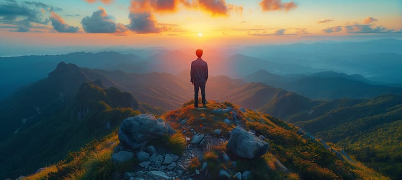 A man stands atop a mountain, surrounded by a breathtaking natural landscape as the sun sets, casting a warm glow over the sky and creating a peaceful atmosphere
