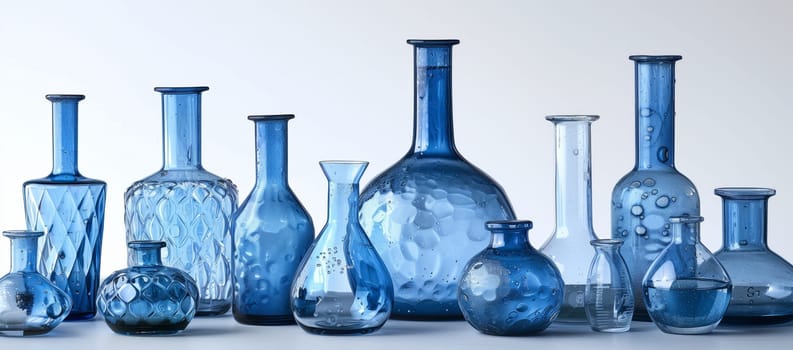 An array of electric blue glass bottles are elegantly displayed on a table, creating a stunning still life photography art piece