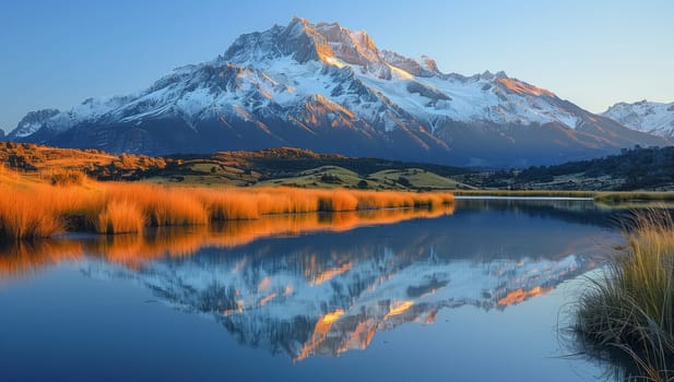 The snowy mountain is beautifully reflected in the calm waters of the lake, creating a stunning natural landscape surrounded by mountainous landforms