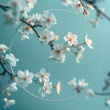 A flowering plant twig with white flowers in a circle on a blue background, showcasing the beauty of nature through art and macro photography