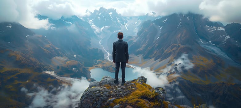 A man in a suit is enjoying the breathtaking view of clouds rolling over the mountain peaks, surrounded by a vast landscape of hills and mountains during his travel adventure