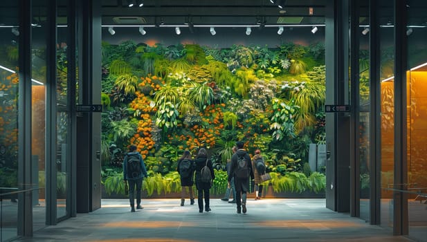 A group of people stroll along the asphalt sidewalk in front of a towering green facade covered in plants and grass, in the heart of the city