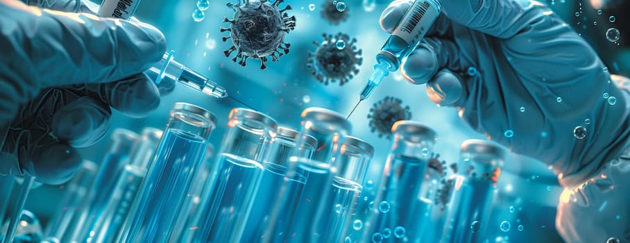 A person is holding a syringe filled with electric blue liquid in front of a collection of azure test tubes, creating a beautiful symmetry in the art of science