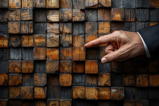 The person is pointing at a rectangular section of the wooden brickwork with their thumb, showcasing the intricate pattern of the building material