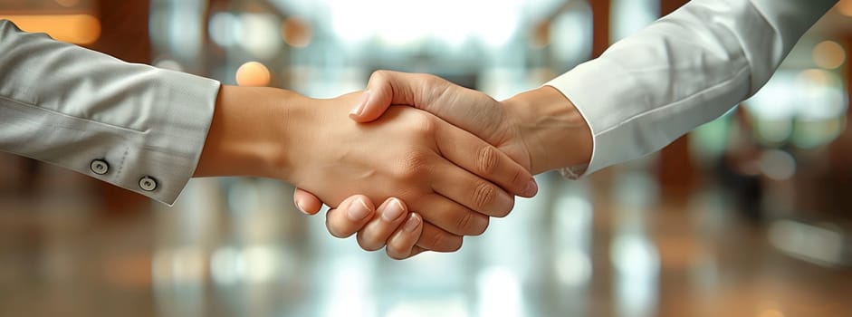 Close up of a hand gesture as two individuals shake hands in an office, sharing an encouraging handshake. Both hands show strong grips with electric blue nail polish