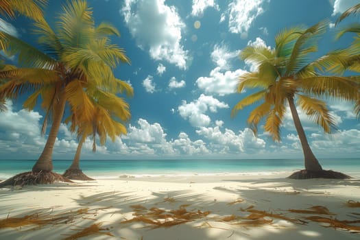 Two palm trees grace the sandy beach near the ocean, creating a picturesque natural landscape against the backdrop of the azure sky and fluffy clouds