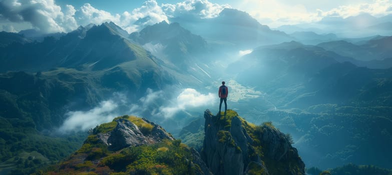 A man gazes out at the world from the top of a mountain, surrounded by a breathtaking natural landscape of clouds, water, and towering peaks