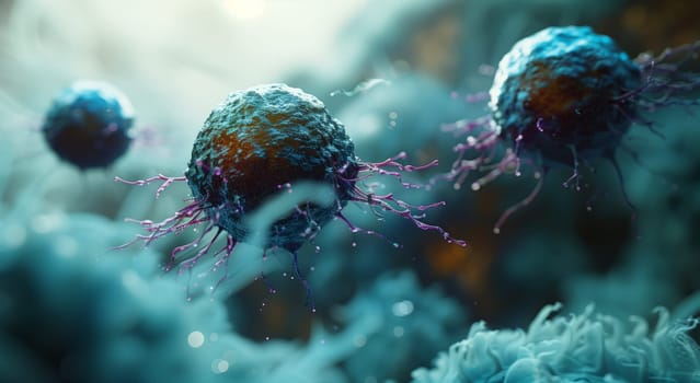 A computer generated image showcases a fascinating underwater scene of cells engaging in a battle on a coral reef. This macro photography captures the intricate patterns of marine biology