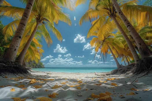 A beautiful painting of a tropical beach featuring palm trees and leaves scattered on the sandy shore, with the blue sky and fluffy clouds in the background
