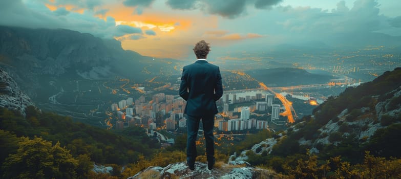 A man in a suit is standing on a mountain peak gazing at the city below, surrounded by a stunning natural landscape with clouds scattered across the sky