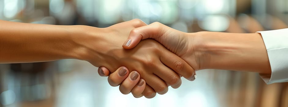 A close up of two people performing a gesture of sharing and trust by shaking hands, with fingers interlocked and thumbs touching