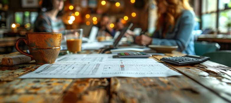 A group of individuals are gathered around a wooden table with laptops and papers, sharing ideas and collaborating on a project during an event at a building with hardwood flooring