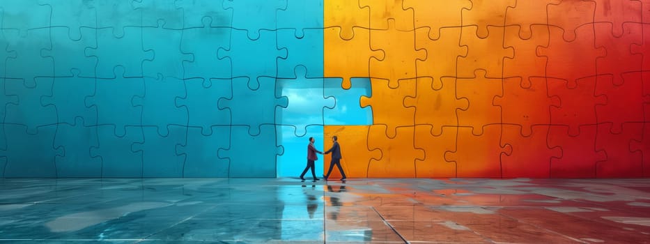 Two individuals are admiring a rectangular puzzle wall made of wood and brick. The art on it is painted in electric blue, creating a symmetrical pattern with various tints and shades