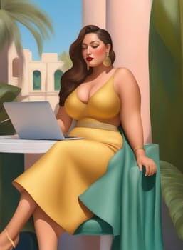 iilustration poster of voluptous female model remote working outdoors in a yard in caribbean villa generative ai art