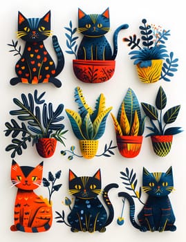 A textile with a painting of blue cats and orange potted plants on a white background, showcasing the Felidae family of vertebrate mammals