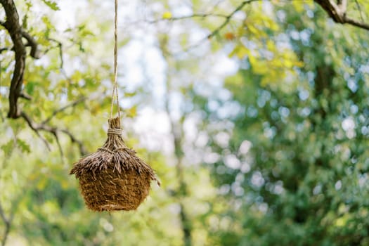 Round straw nest with a roof hanging on a rope on a tree branch in the park. High quality photo