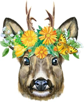 Watercolor drawing of the animal - roe deer in a wreath of flowers, sketch