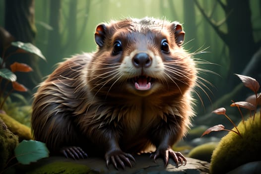Cute beaver in the habitat. AI generated image.