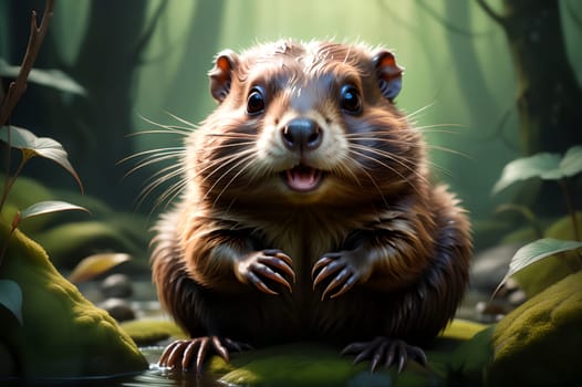 Cute beaver in the habitat. AI generated image.