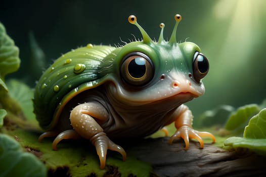 Cute green slug in habitat. AI generated image.