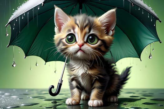 kitten sits under an umbrella, it is raining . generated image.