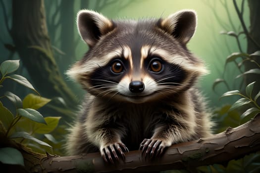 cute raccoon on green background. AI generated image.