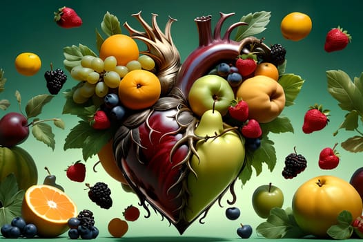 many different mix of fruits in the shape of a heart. AI generated image.