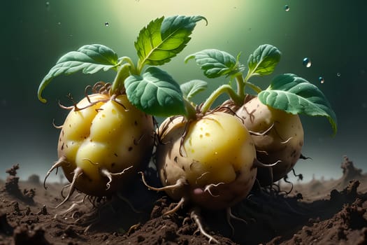 planting potatoes isolated on light green background
