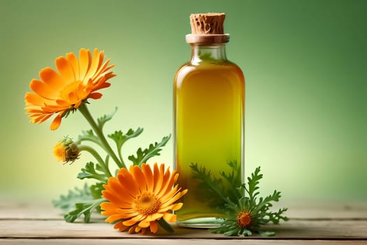 Calendula tincture in a glass bottle isolated on a green background