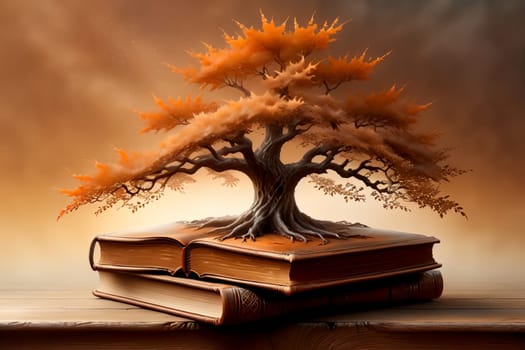 tree growing from a book, leather bound book, isolated on a brown background