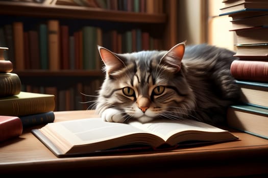 the cat lies on a book in the library, shelves with books in the background.