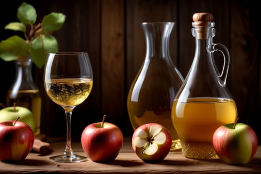 homemade apple wine in a glass and in a decanter on a background of green apples .