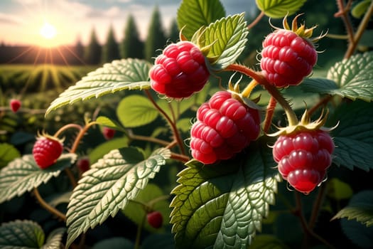 ripe red raspberries growing outdoors .