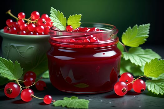 ripe red currant jam in a glass isolated on a green background .