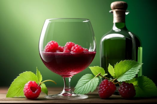 raspberry liqueur, wine in a glass isolated on a green background .