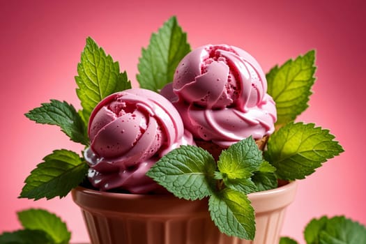 pink black currant ice cream isolated on red background .
