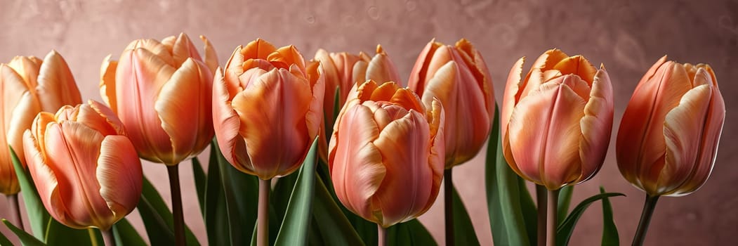 A row of orange tulips are arranged in a vase. The flowers are in full bloom and are the perfect addition to any room