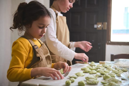 Boy and girl learning culinary at cooking class, making homemade dumplings with mashed potato filling, standing at floured kitchen table with ingredients at rustic kitchen in a rural house