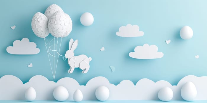 A cute paper Easter rabbit is surrounded by colorful Easter eggs, fluffy clouds, blooming flowers, and floating balloons in a joyful event of happiness AIG42E